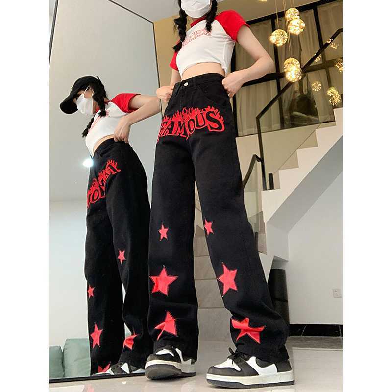 Red Star Letters Jeans For Women High Waist Casual Trousers