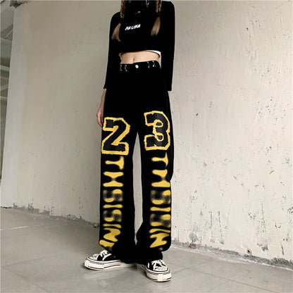 Harajuku Style Letter Print Straight Leg Women's High Waist Jeans