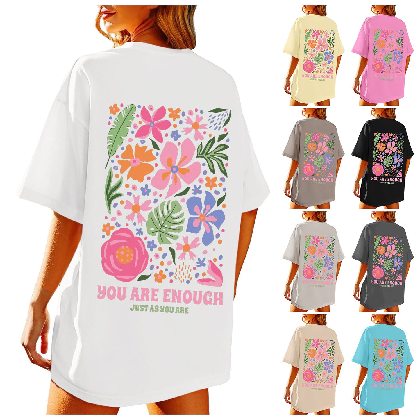 Lady's Flower Printed Colored Cotton OversizeT T-shirt