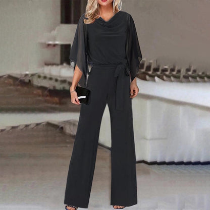 Fashion Solid Color High Waist Lace Up Casual Jumpsuit Straight-leg Pants Women