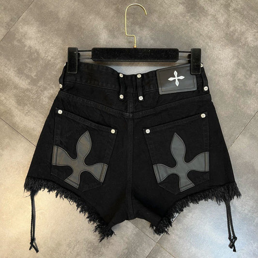 Lace-up Frayed Cross Flower & Pattern Sweet Cool Denim Shorts