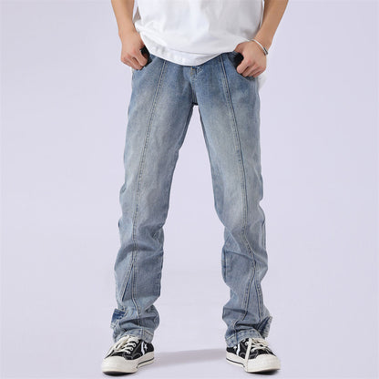 Solid Colour Patchwork Straight-leg Jeans For Men