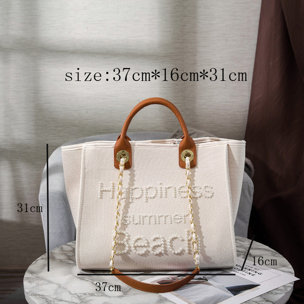 Women's Fashion Large Capacity Pearl Embroidery Canvas Bag