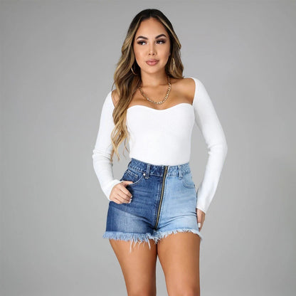 Summer Long Zipper Slimming High Waist Denim Shorts