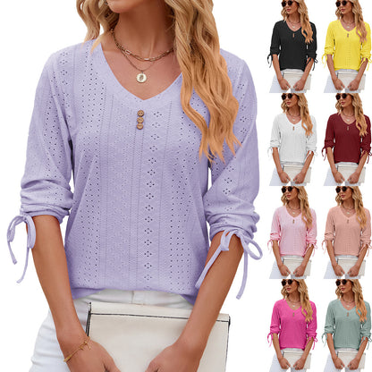 Button V-neck Solid Color Half Sleeves Loose-fitting T-shirt Top