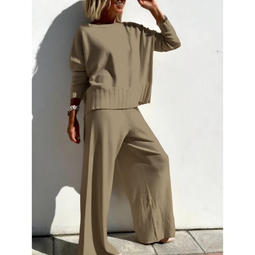 Knitted Wide-leg Pants Suit Sweater Pullover Women's Casual Trousers Suit