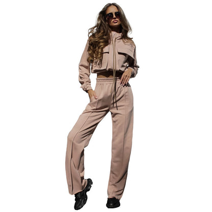 Zipper Double Bag Drawstring Long Sleeve Top Fashion Casual Trousers Suit Women