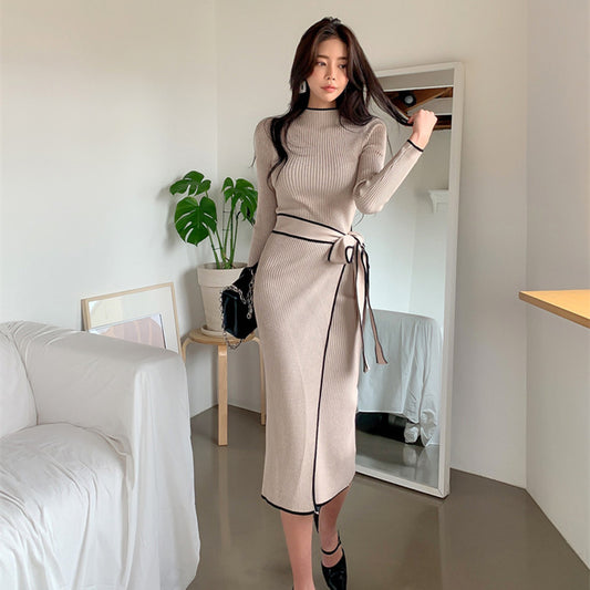 Retro Minority Half Turtleneck Slim Fit Temperament Color Matching Dress Women