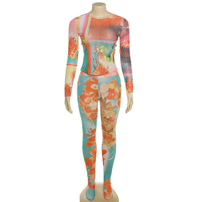 Printed High Waist Slim Pants Suit Women