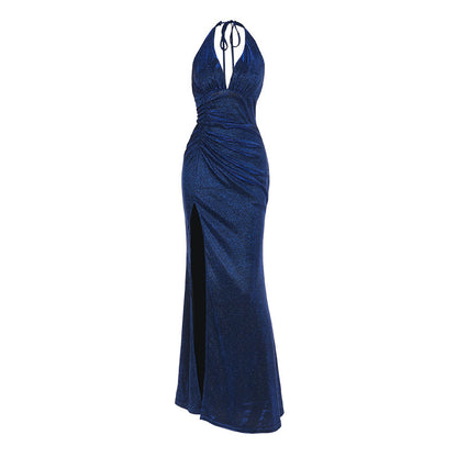 Sexy Slit Dress Fashionable Temperament V-neck Halter Thin And Glittering Dress Women