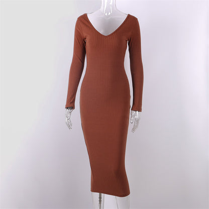 Long Skirt Deep V-neck Long-sleeved Knitted Jumper