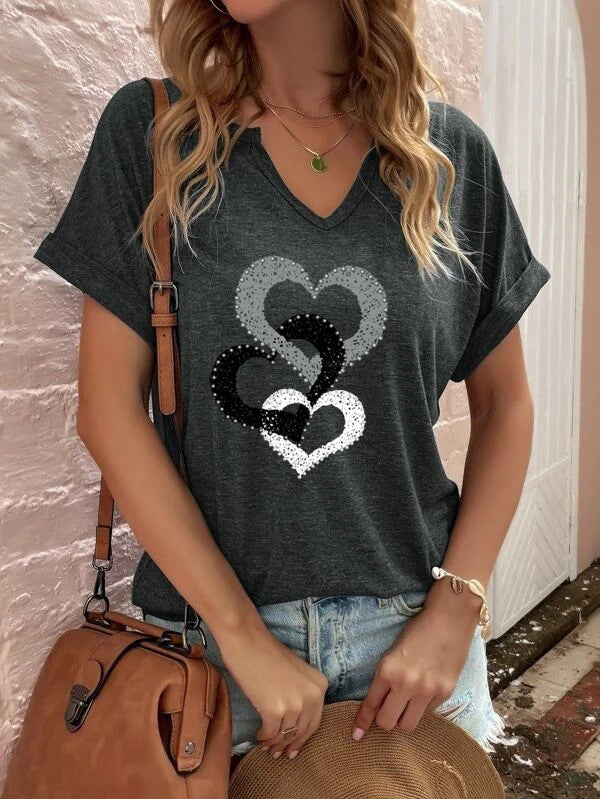 Women's Loose Short-sleeved T-shirt With Heart Printing Missing Neckline