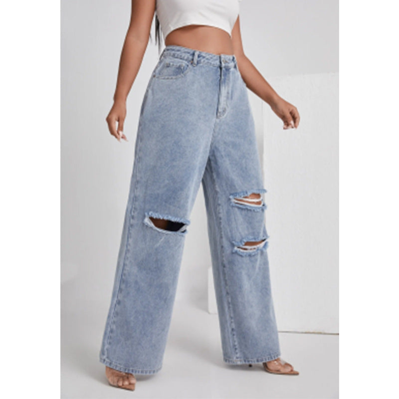 Women's Denim With Hole High Waist Straight-leg Pants