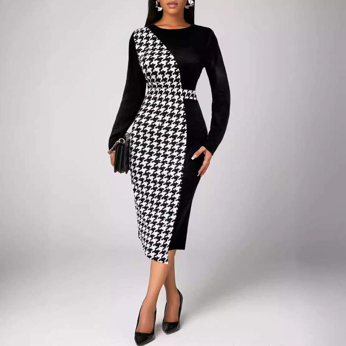 Houndstooth Long Sleeve Elegant Style Sheath Dress