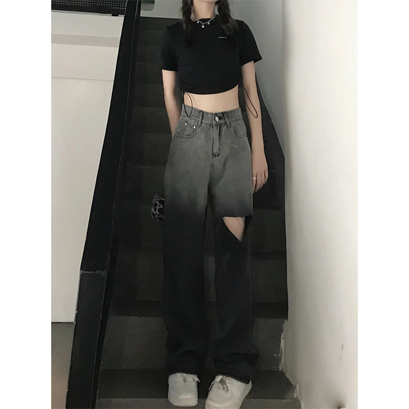 Ripped Jeans Female High-waist Straight-leg Pants Small Wide-leg