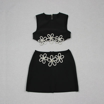 Cutout Sleeveless Rhinestone Top Skirt Suit Bandage