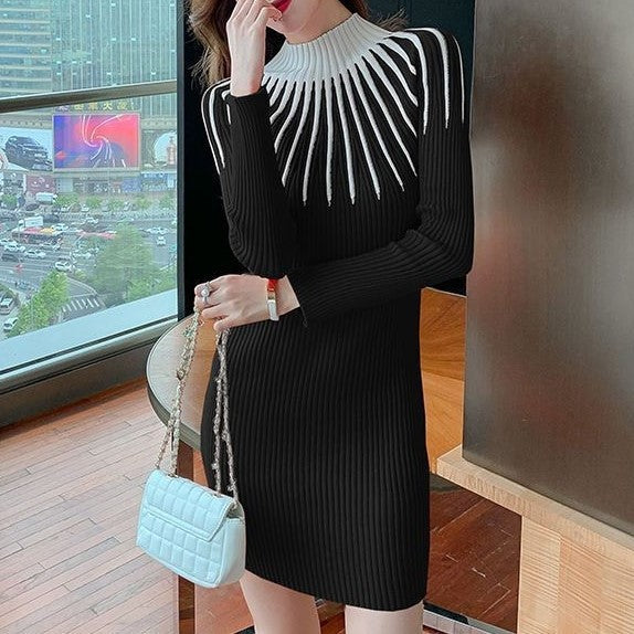 Black And White Contrast Color Knitted Dress Half Turtleneck Mid-length Sweater Hip Skirt