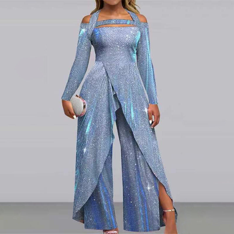 Fashion Sexy Sequined Long Skirt Diagonal Mid-waist Temperament Commute Jumpsuit