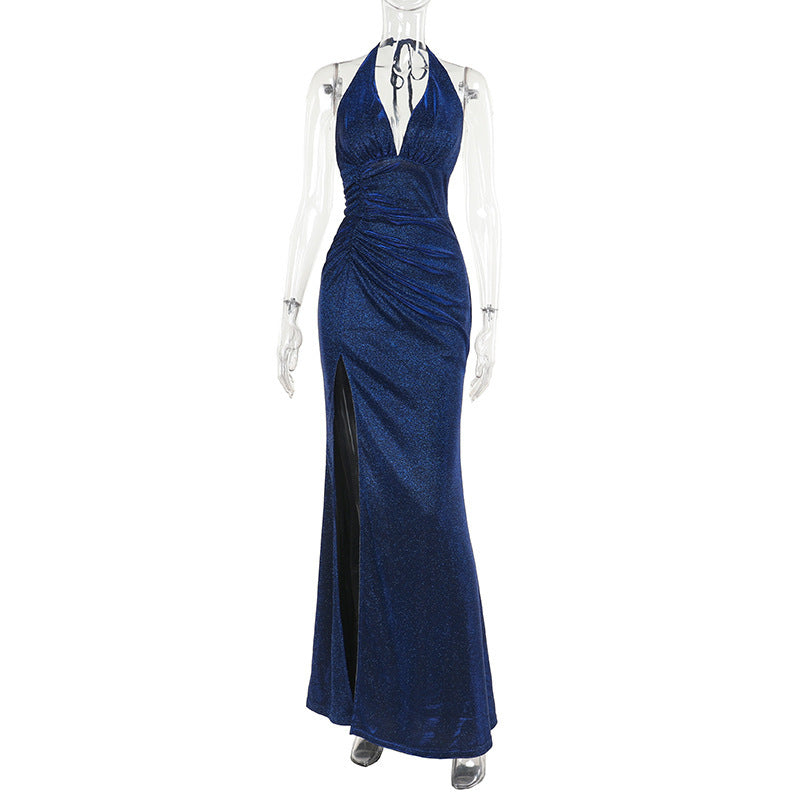 Sexy Slit Dress Fashionable Temperament V-neck Halter Thin And Glittering Dress Women