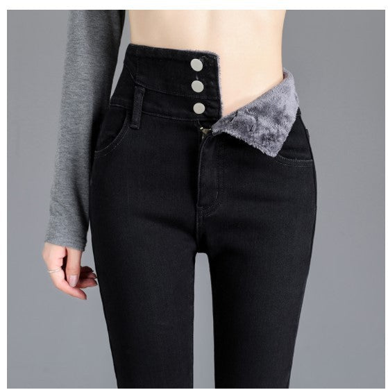 Women's High Waist Jeans Trendy Plush Fleece