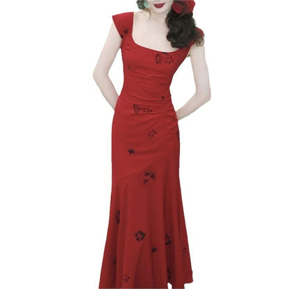 Red Rose Fishtail Skirt Women's Bright Red Square Collar Holiday Vest Camisole Dress