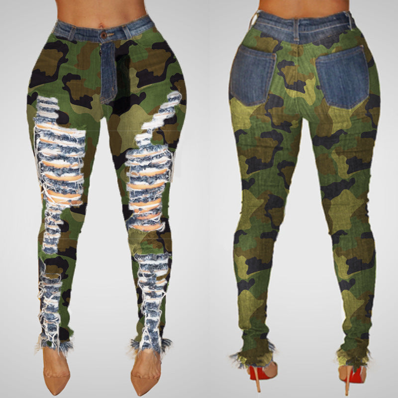 Women's Sexy Personality Ripped High-waisted Leggings And Frayed Camouflage Feet Pants