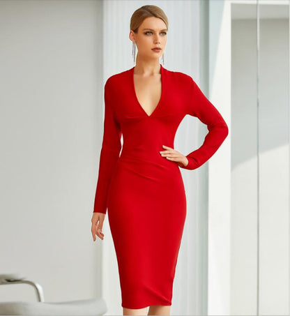 Solid Color High Waist Party Midi Red Dress