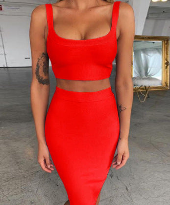 Solid Color Sling U-neck Short Top High Waist Slim Hip Skirt Bandage Skirt Suit