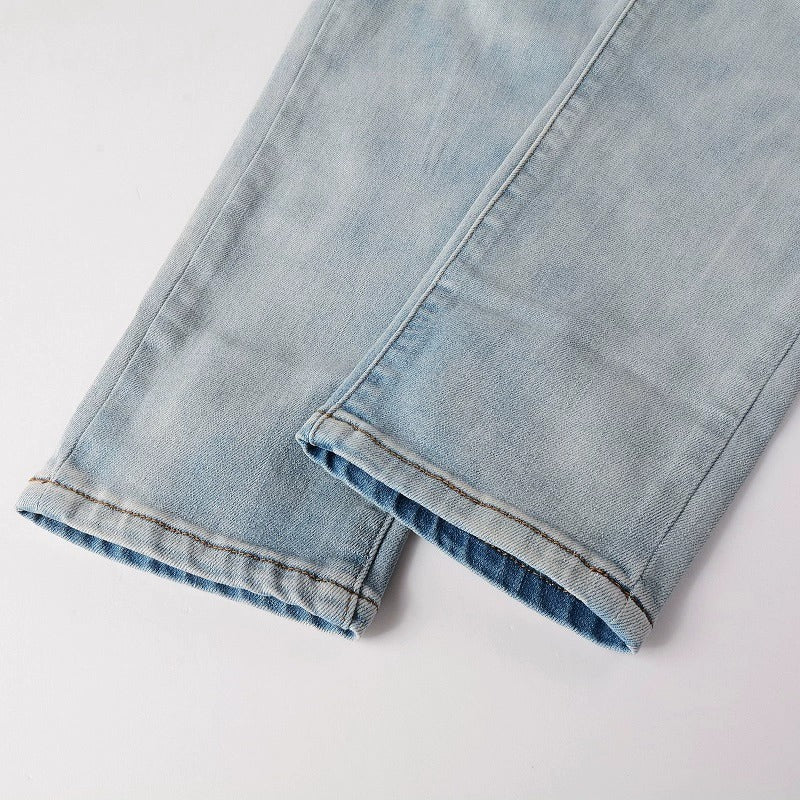 Baby Blue Wash Water Worn Patch Torn Jeans Male