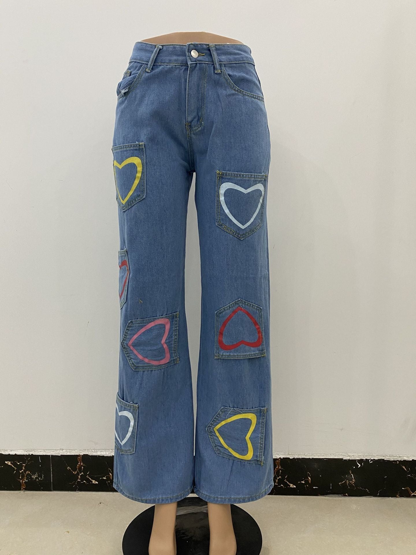 Multi-pocket Colorful Heart Print Jeans Women's Flared Pants