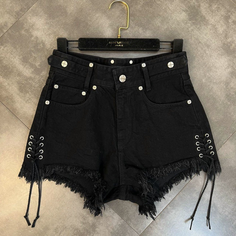 Lace-up Frayed Cross Flower & Pattern Sweet Cool Denim Shorts