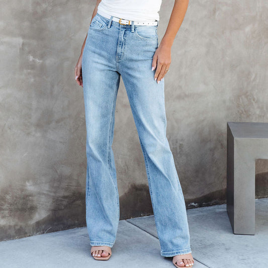 Washed Fashionable All-match Mid-waist Denim Straight-leg Trousers