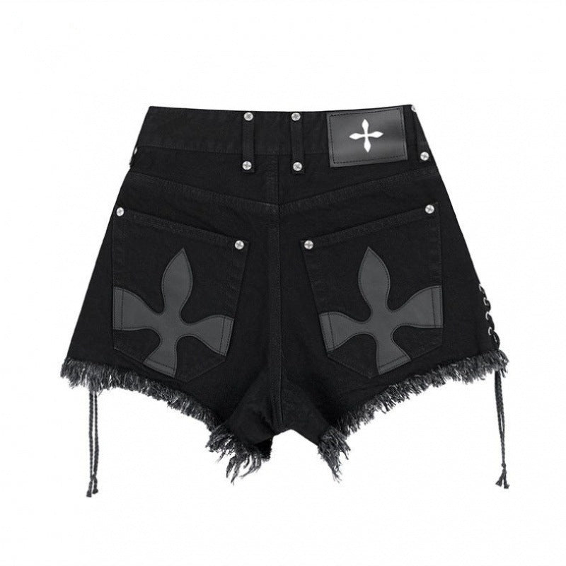 Lace-up Frayed Cross Flower & Pattern Sweet Cool Denim Shorts