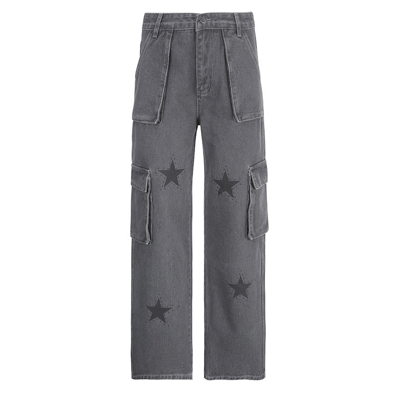 Street Vintage Low Rise Denim Work Trousers Stars