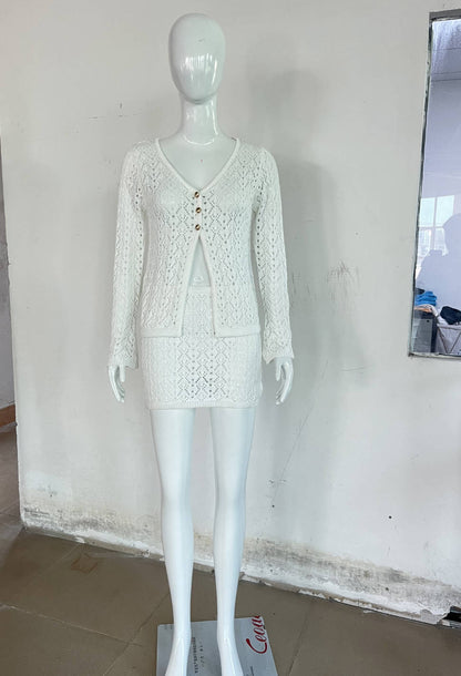 V-neck Top Half-length Knitting Suit Short Skirt For Women