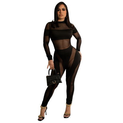 Mesh Stitching Nightclub See-through Jumpsuit