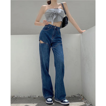 Hollow Women's Vertical Loose High Waist Slim Jeans