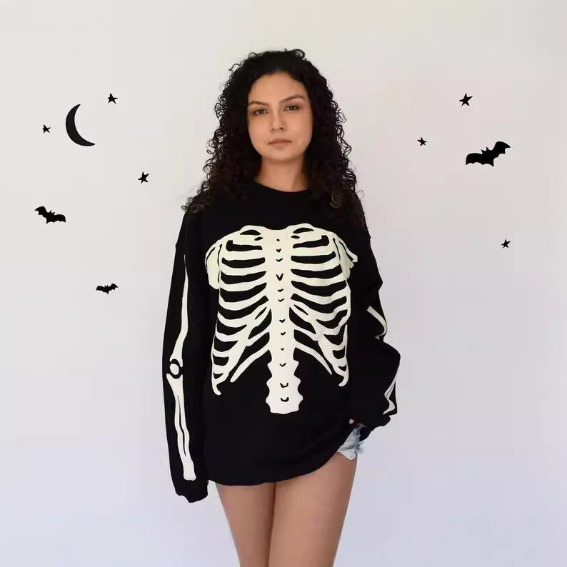 Bone Skull Dark Retro Long Sleeve Round Neck