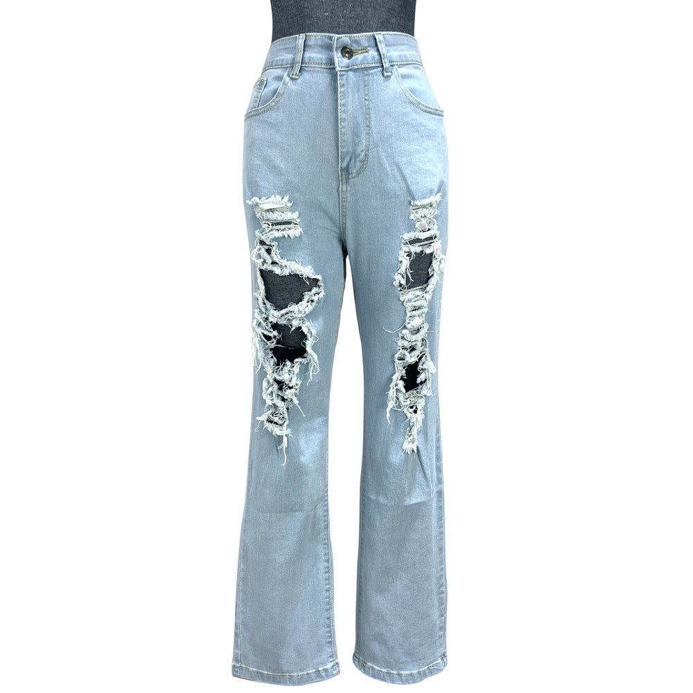 Lady High Stretch Jeans Wide Leg Trousers Ripped