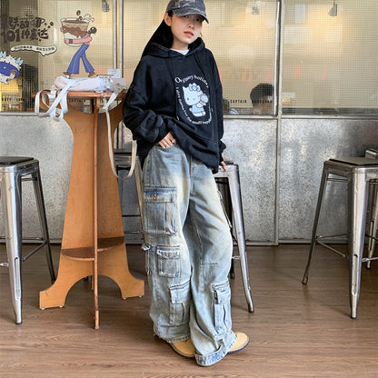 Street Work Design Jeans Pocket Stitching Wide-leg Pants Women