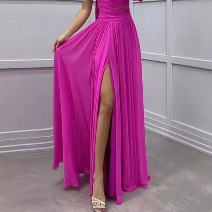 Women's Casual Off-shoulder Solid Color Pleated Hollow Dress