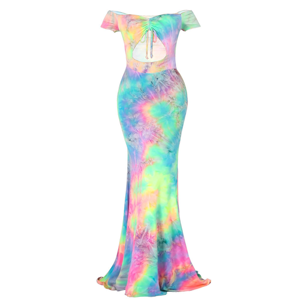 Off-shoulder Navel Tie-dyed Dress