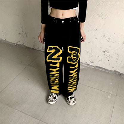 Harajuku Style Letter Print Straight Leg Women's High Waist Jeans