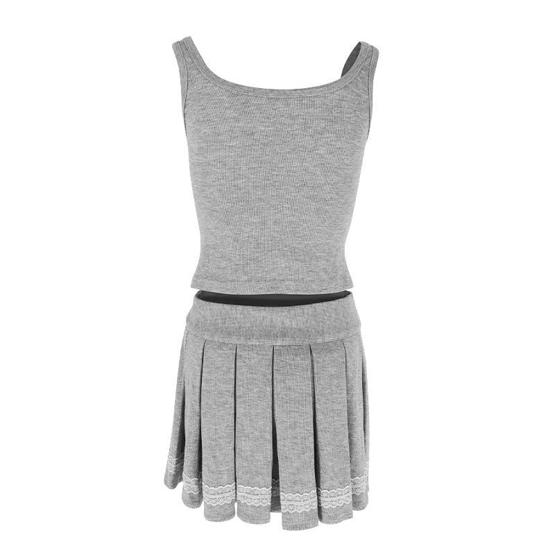 Slim Fit Vest Top Ultra Short Pleated Skirt Two-piece Suit