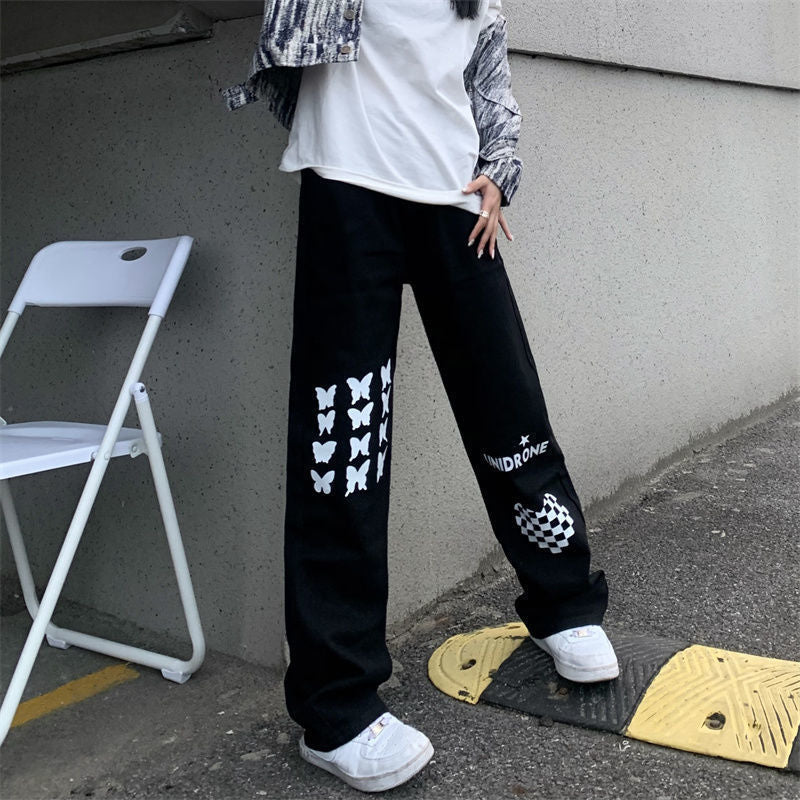 Printed High Waist Straight Pants Heart Checkerboard Jeans