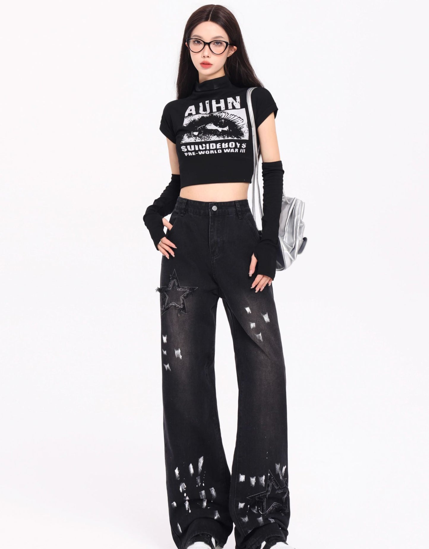 Embroidered Jeans Autumn And Winter New High Waist Splash-ink Wide Leg Straight Mop Pants