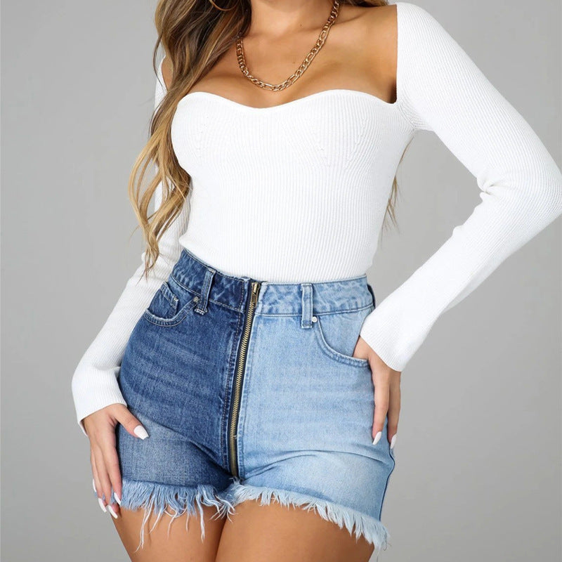 Summer Long Zipper Slimming High Waist Denim Shorts