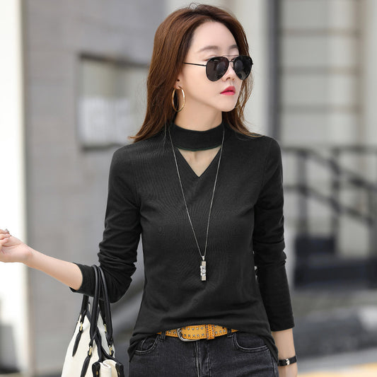 Women's Half-turtleneck Slim-fit V-mesh Long-sleeved T-shirt