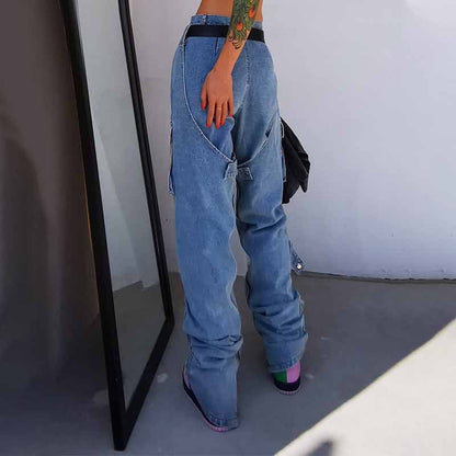 High-waisted Street Style Big Pocket Design Straight-leg Jeans