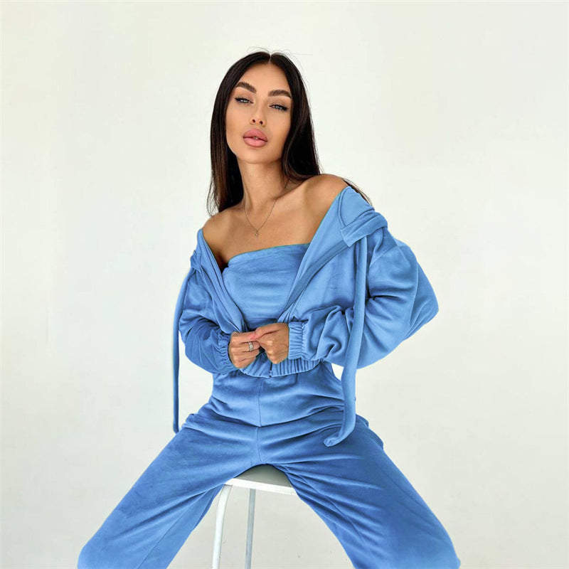 All-matching Solid Color Hooded High-waisted Trousers Suit